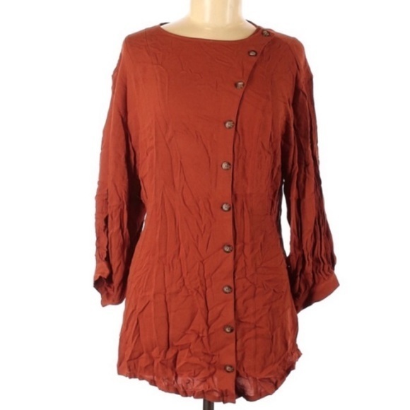 NWT Free People‎ M orange brown asymmetric button 3/4 sleeve boho festival top - Picture 7 of 7